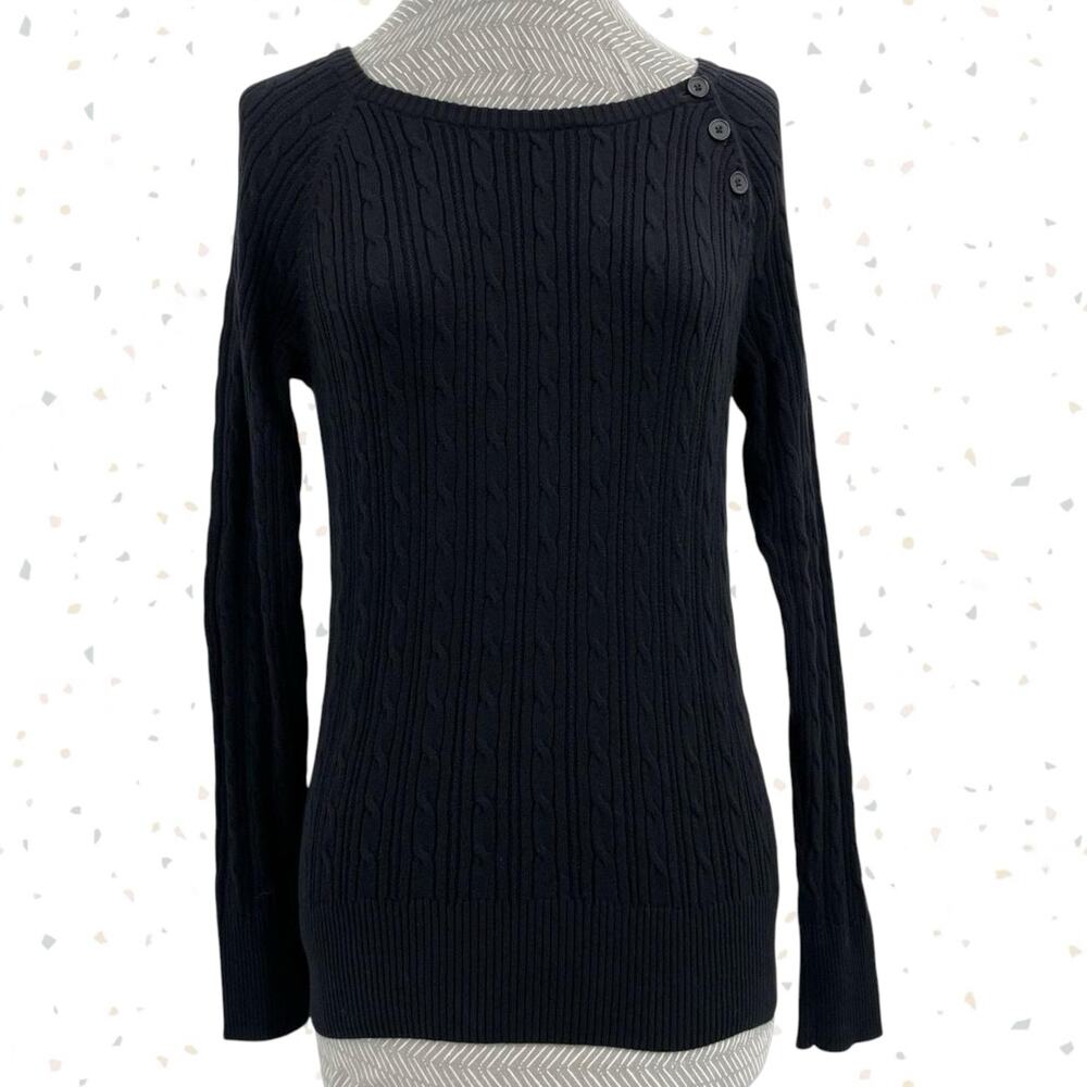 Black Cable Knit Sweater Button Neck Long Sleeve Minimalist Basic Sonoma Size S